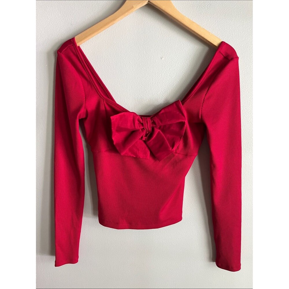 Red Ribbed Bow Front Long Sleeve Top Coquette Balletcore Size S